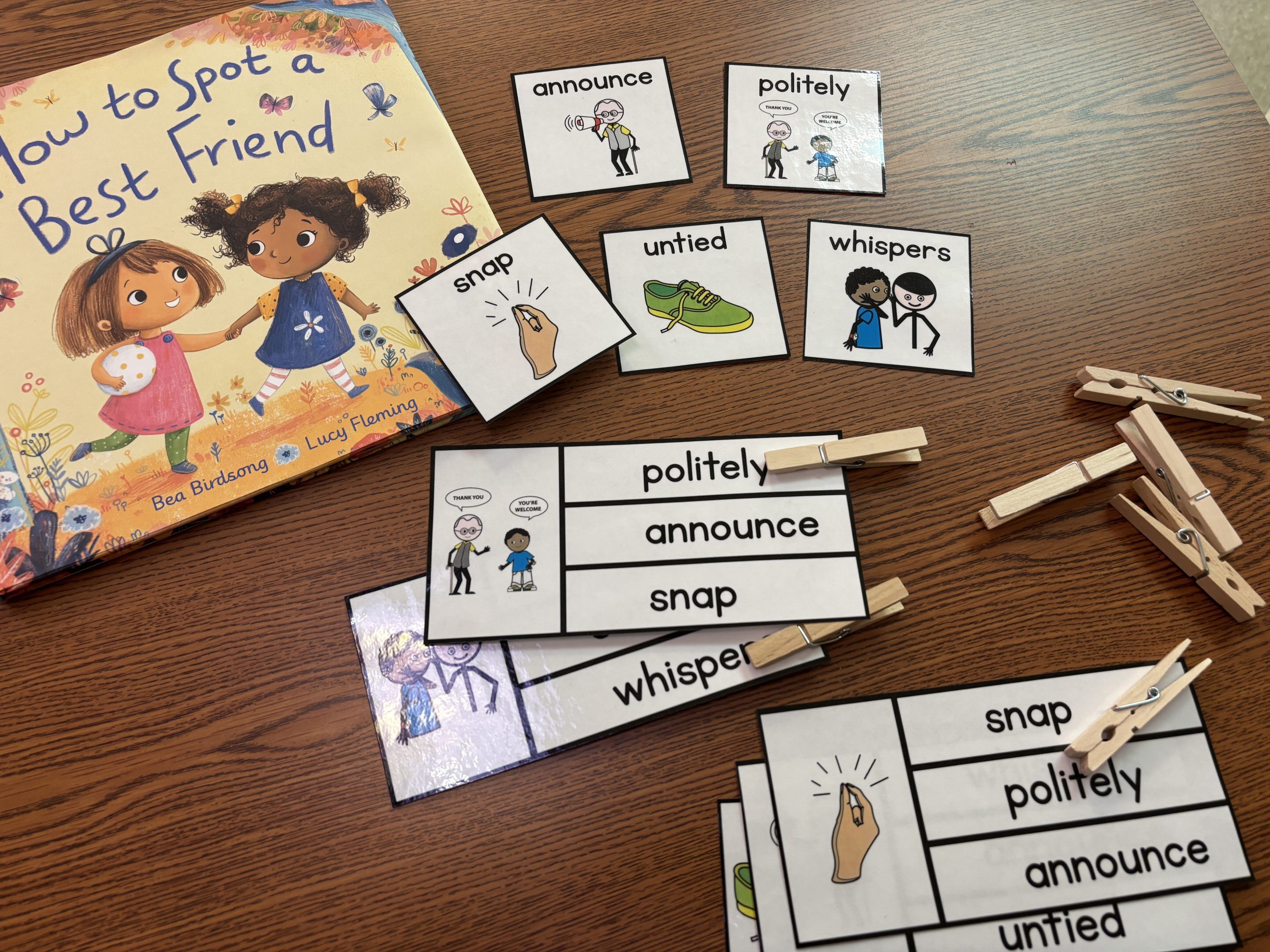 A book companion for "How to Spot a Best Friend" is paired with visual vocabulary cards and clip cards as well as clothespins for student hands on practice.