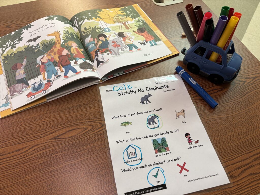 An open book sits near a picture comprehension test and a collection of markers.