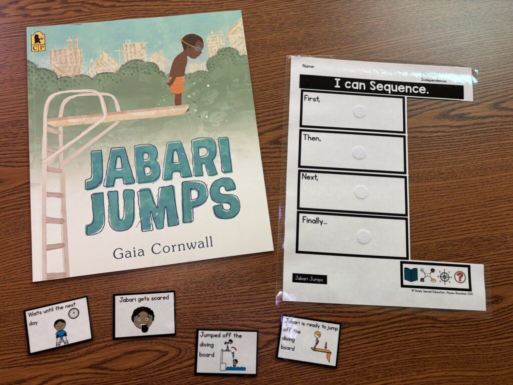A book companion for "Jabari Jumps" is laid on a desk with a visual sequencing velcro task.