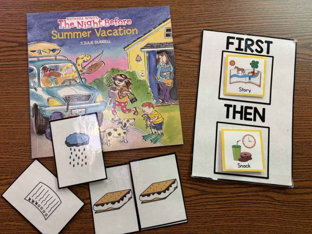 a book companion lays with a first then board and level one matching vocabulary task cards