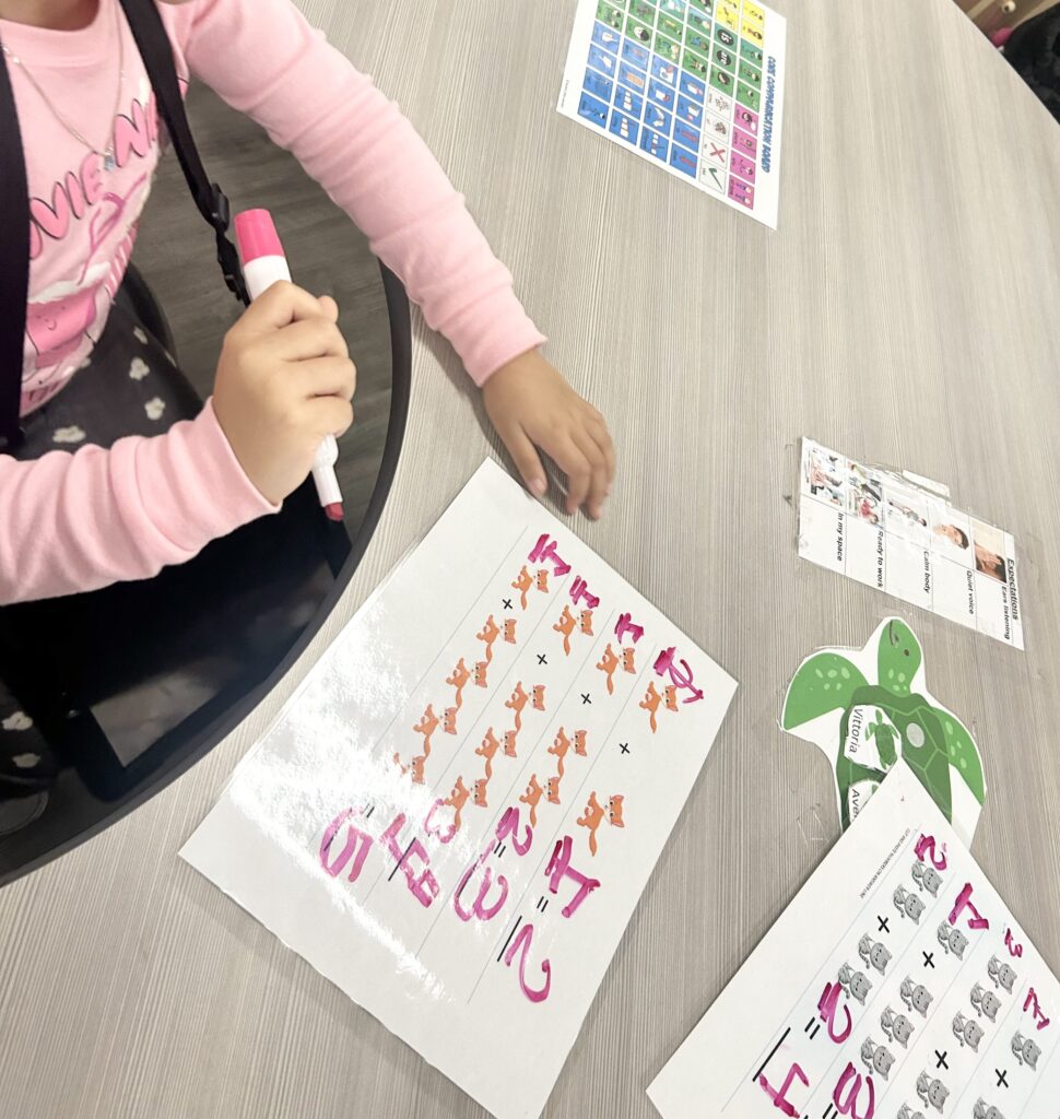 a student is doing addition with cat visuals