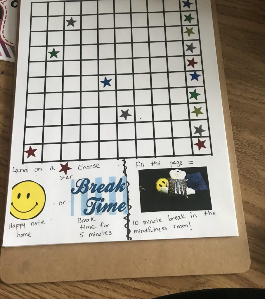 Behavior chart for a student with explanations of rewards that ca be earned for landing on stars