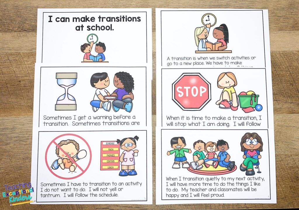 Social story explaining what a transition is at school and what to do 