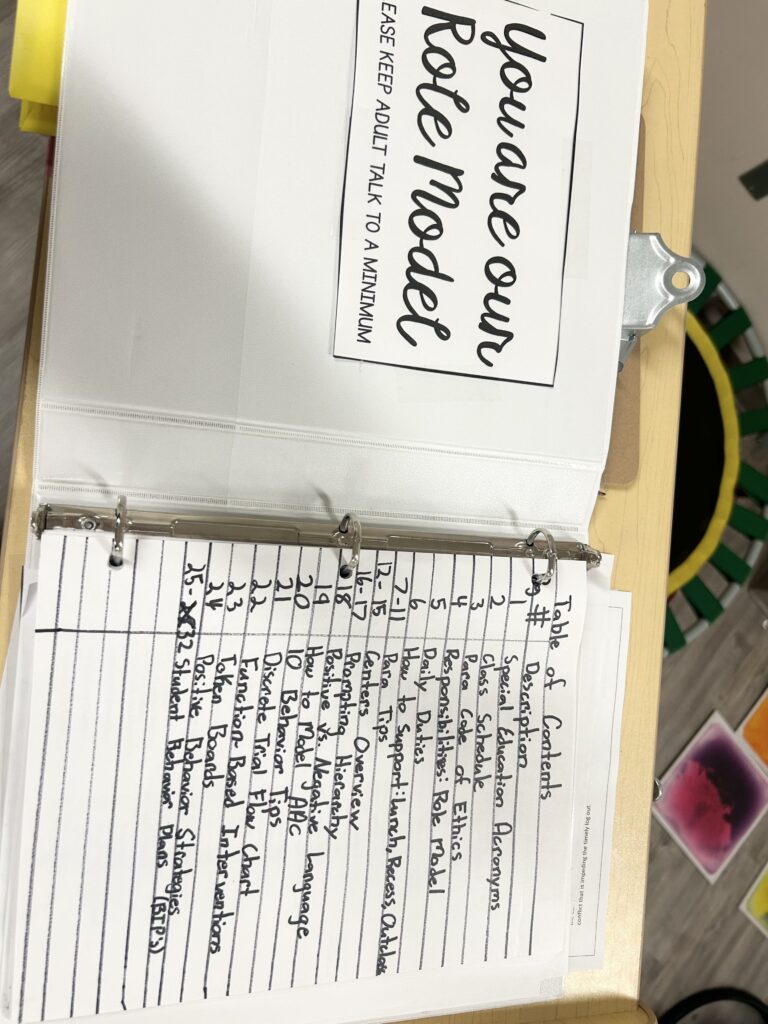 The table of contents in my paraprofessional binder