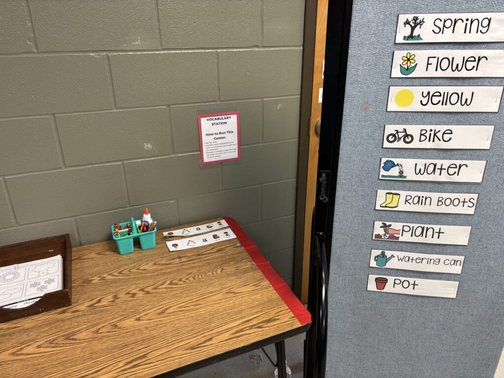 monthly vocabulary is posted on a board near a vocabulary center
