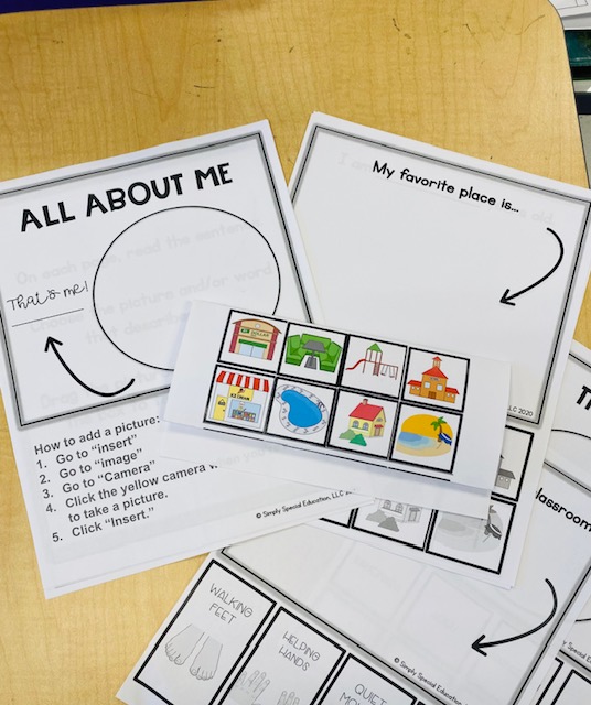 Printed out sheets for an "all about me" book activity