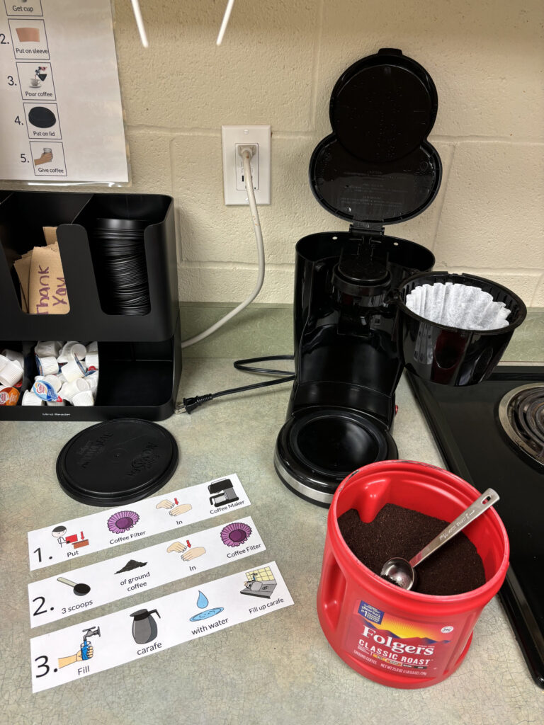Visual steps to making coffee are shown on a counter top next to a coffee pot. 
