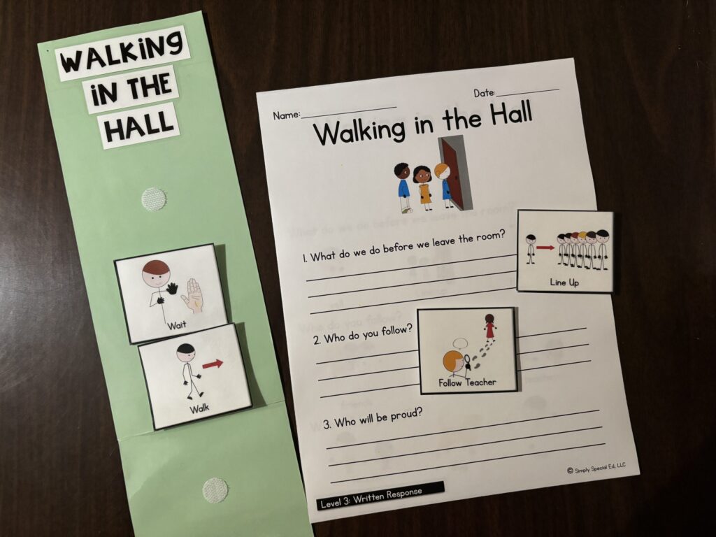 A task analysis strip of visuals lays next to a written response sheet with questions about a routine