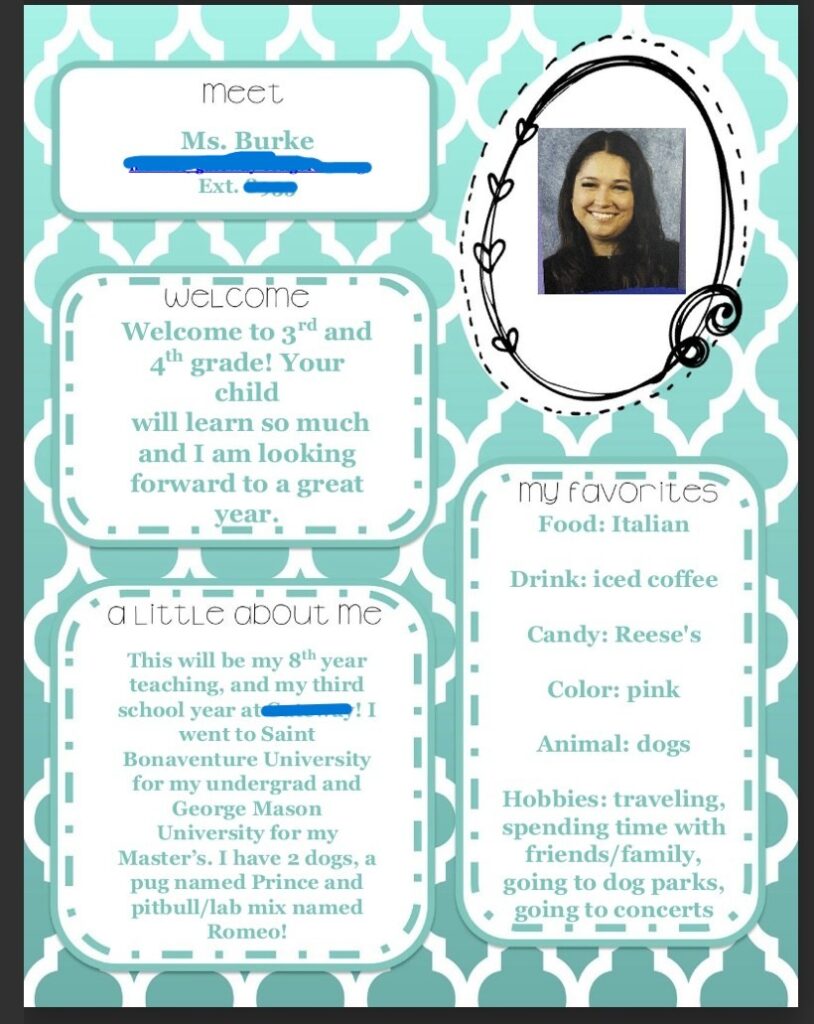 A meet the teacher form introducing a teacher