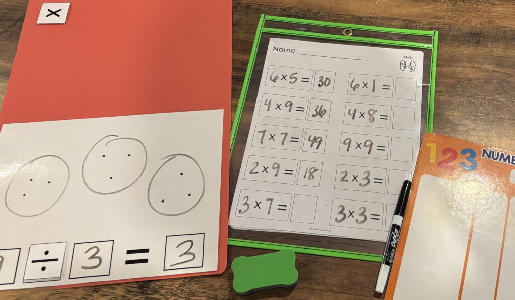 Dry erase file folder, dry erase sleeve, and dry erase board are laid on a table with a marker and eraser