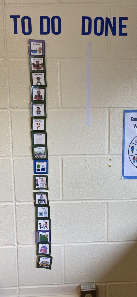 Student schedule posted on a classroom wall with two sides labeled "to do" and "done"