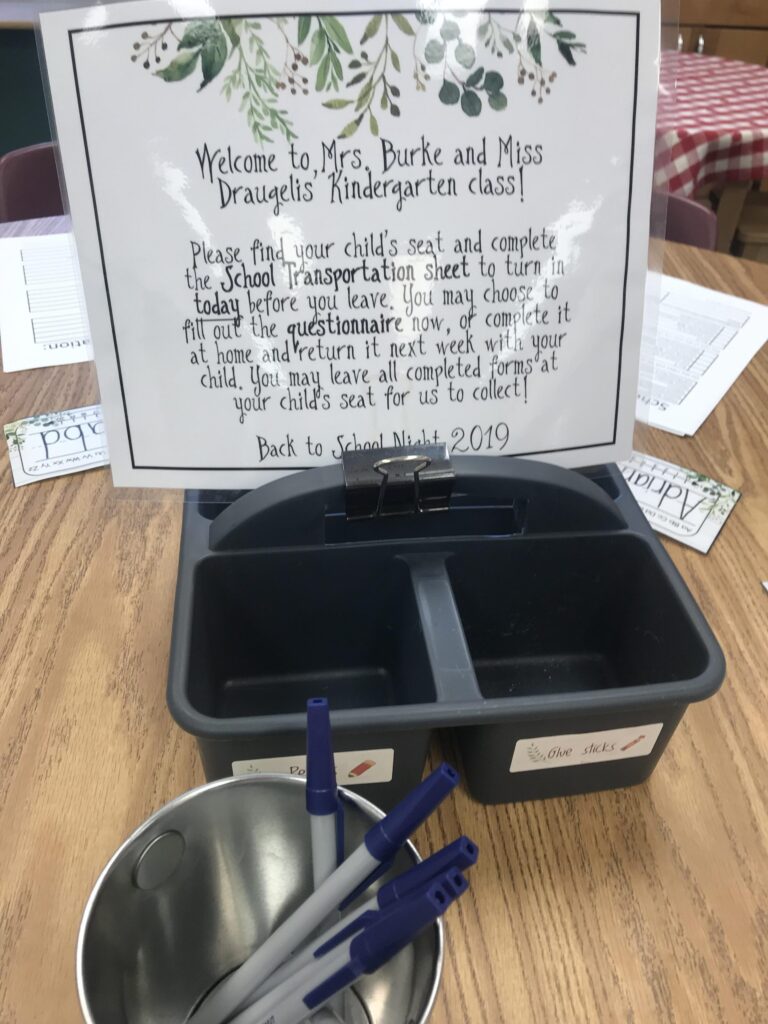 A sign for a back-to-school night instructing parents how to fill out forms for the teacher
