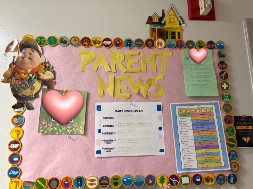 A parent news bulletin board including information such as lesson plans, daily schedule, etc.