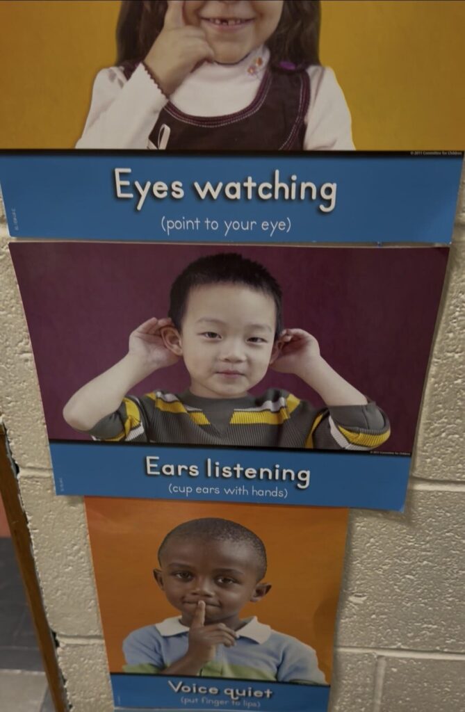 classroom poster showing real life students pointing to corresponding body parts with how they use those in the classroom (eyes watching, ears listening, etc.).