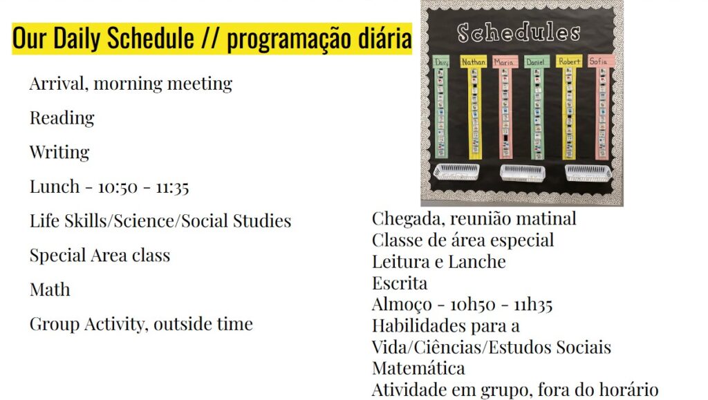 a screenshot of a back to school slide, with text in both English and Portuguese