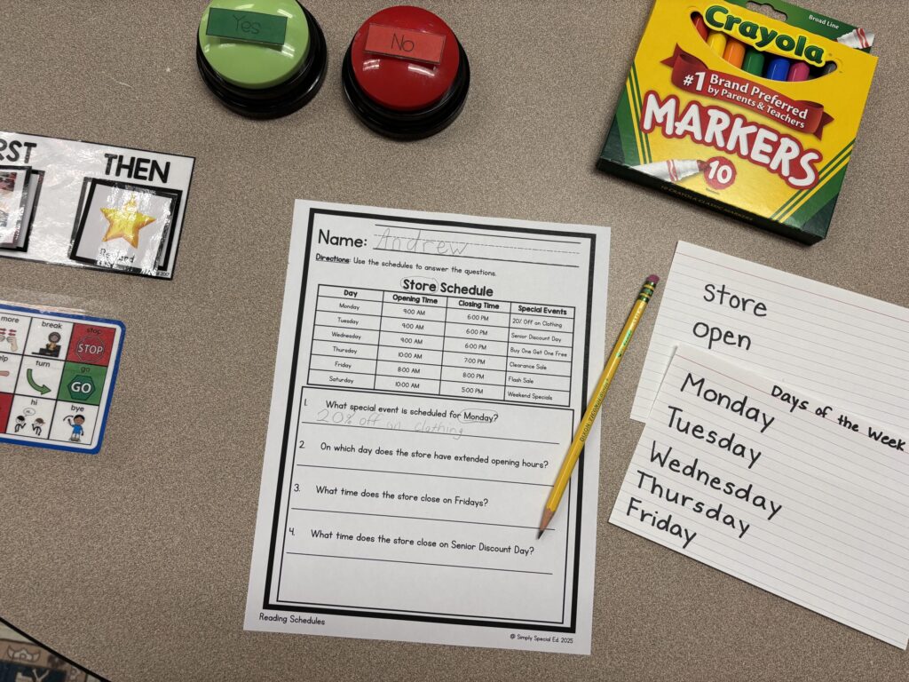 A reading schedules workbook page lays ona tabletop with a word bank of useful words