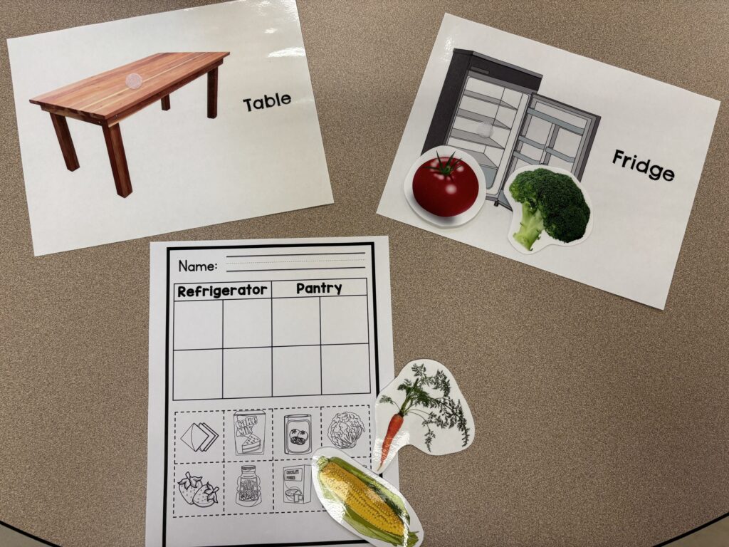 A life skills workbook page in the skill of sorting is shown on a table top with color visuals of food, table, and fridge