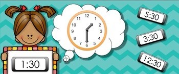 Image of a girl holding up a digital clock that says 1:30, next to an analog clock and other digital clocks