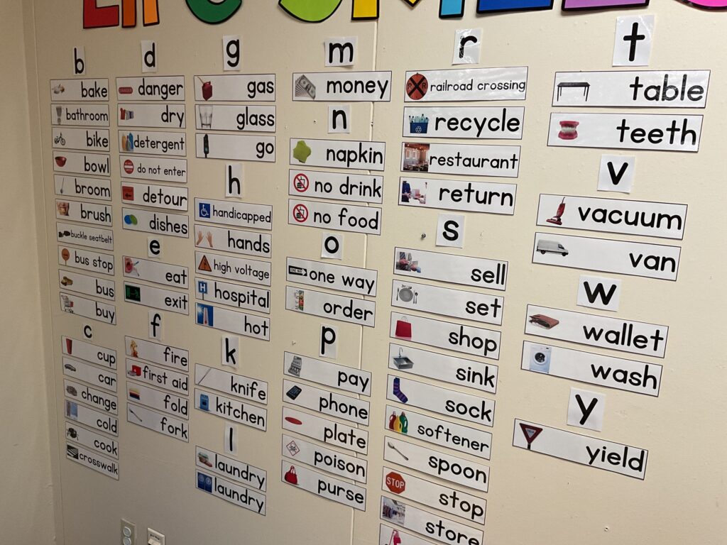 A life skills word wall shows example words and visuals in alphabetical order for functional reading practice using the environment