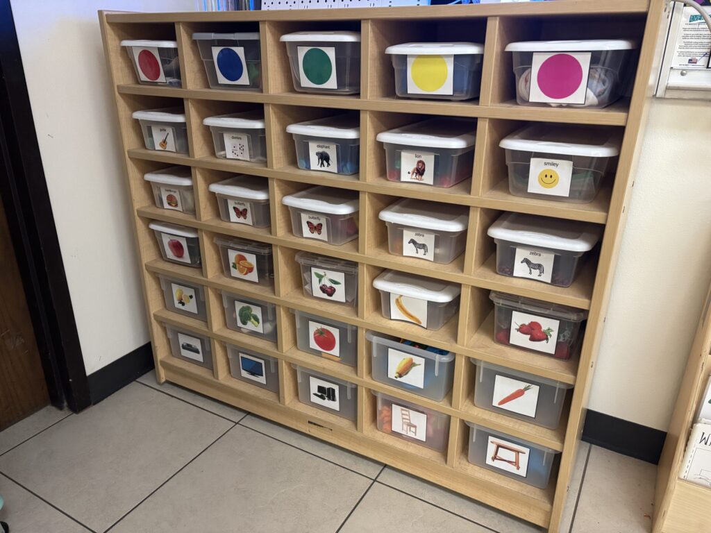 Task boxes are shown on a shelf , all labeled with a different picture.