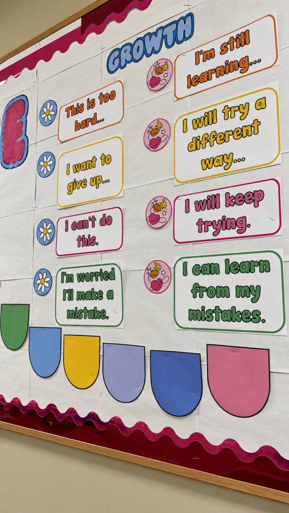 Bulletin board showing colorful growth mindset wording changes