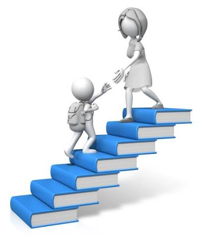 Cartoon woman helping a child up stairs made of books
